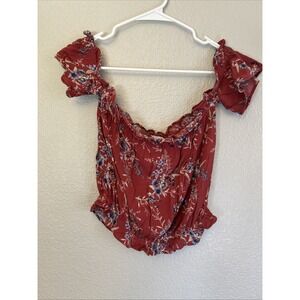 Women's American Eagle Floral Crop Top Red Off The Shoulder Shirt Crinkle Small
